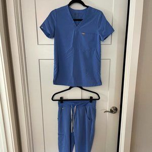FIGS Scrub Set, XS Catarina Top, XS Petite Zamora Bottom, Ceil Blue